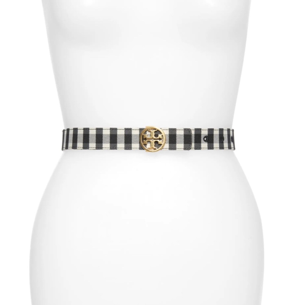 NWT $198 Tory Burch REVERSIBLE Belt in Black Leather and Gingham -Various Sizes! - Picture 2 of 11